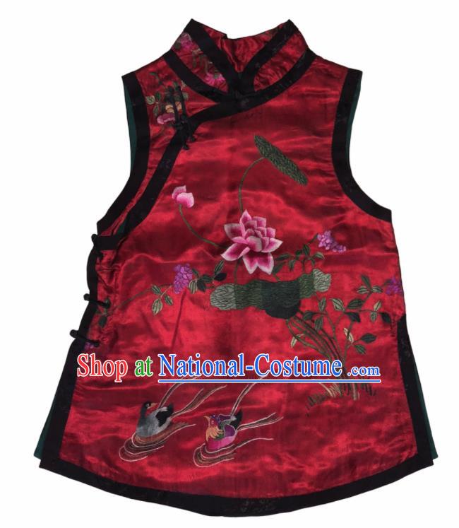 Traditional Chinese Handmade Embroidered Mandarin Duck Lotus Costume Tang Suit Slant Opening Vest for Women