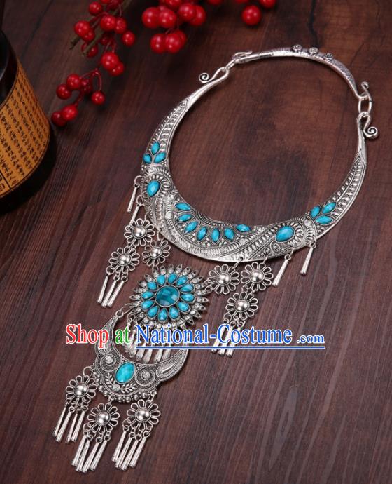 Chinese Traditional Jewelry Accessories Miao Minority Tassel Blue Necklace for Women