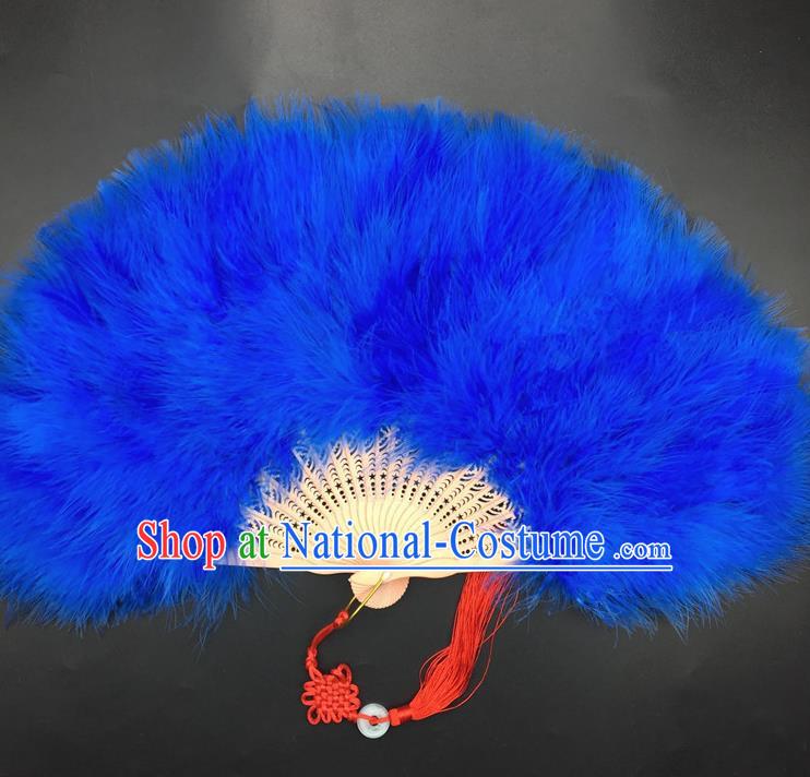 Traditional Chinese Crafts Royalblue Feather Folding Fan China Folk Dance Feather Fans