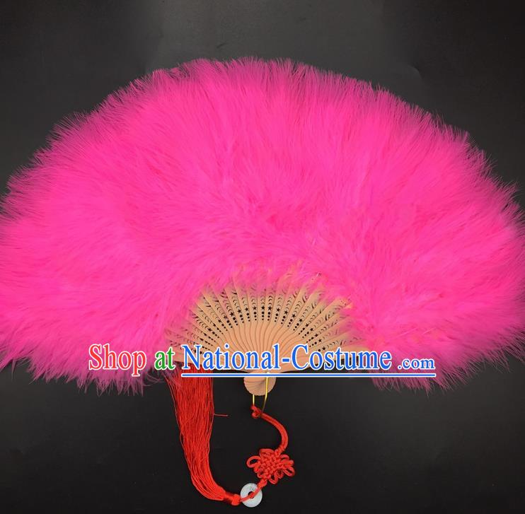 Traditional Chinese Crafts Rosy Feather Folding Fan China Folk Dance Feather Fans