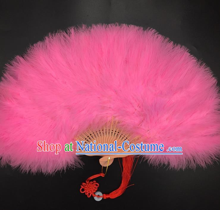 Traditional Chinese Crafts Pink Feather Folding Fan China Folk Dance Feather Fans