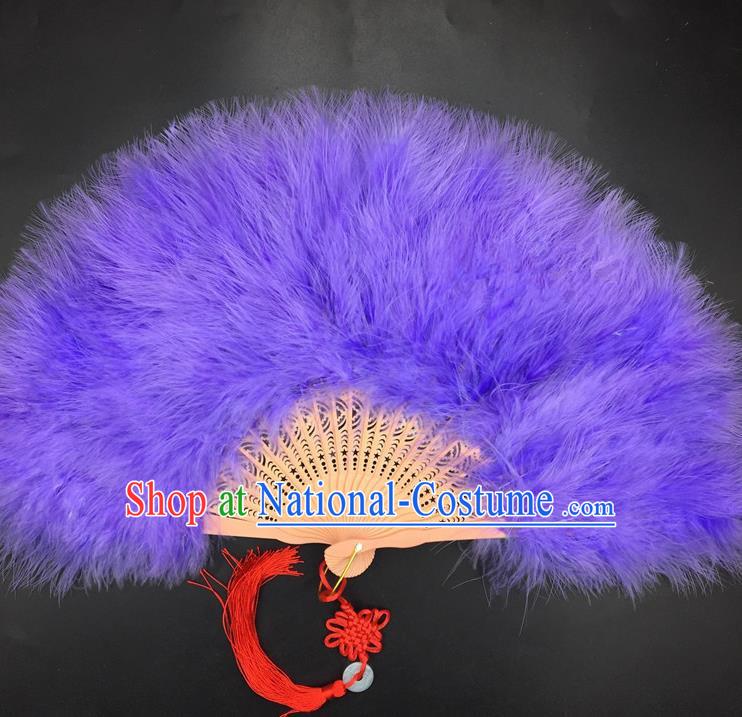 Traditional Chinese Crafts Purple Feather Folding Fan China Folk Dance Feather Fans