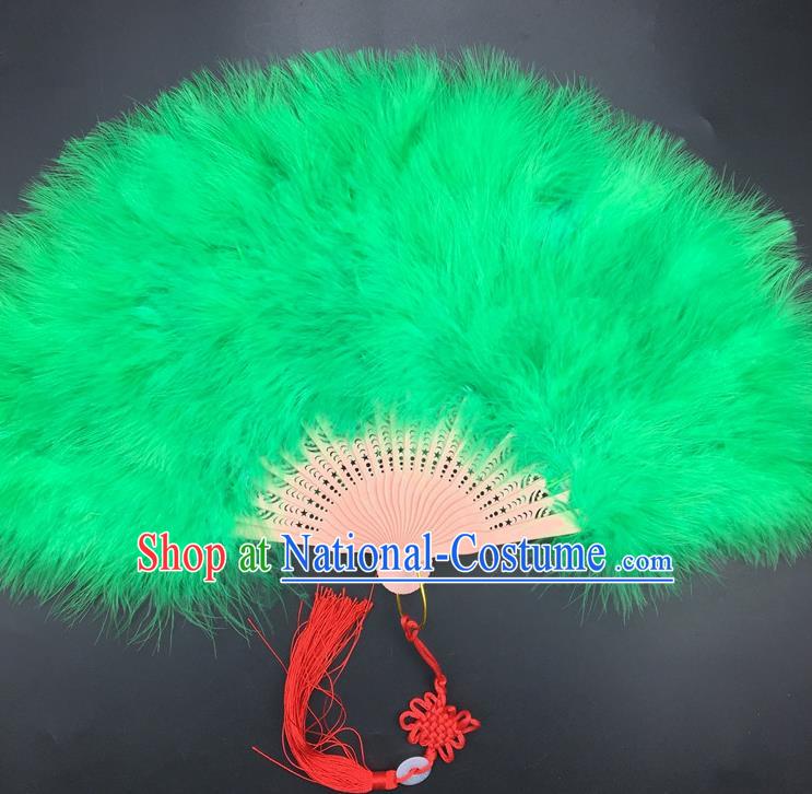 Traditional Chinese Crafts Green Feather Folding Fan China Folk Dance Feather Fans