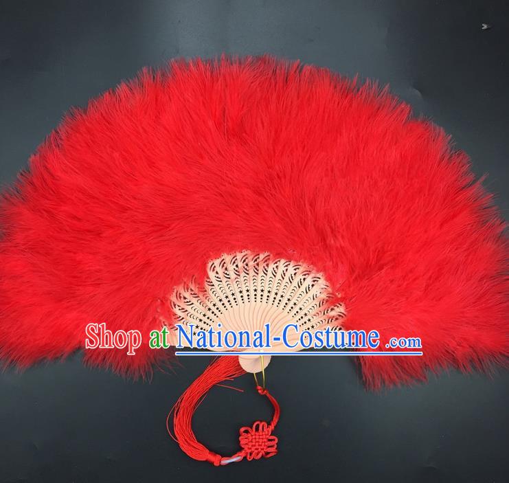 Traditional Chinese Crafts Red Feather Folding Fan China Folk Dance Feather Fans