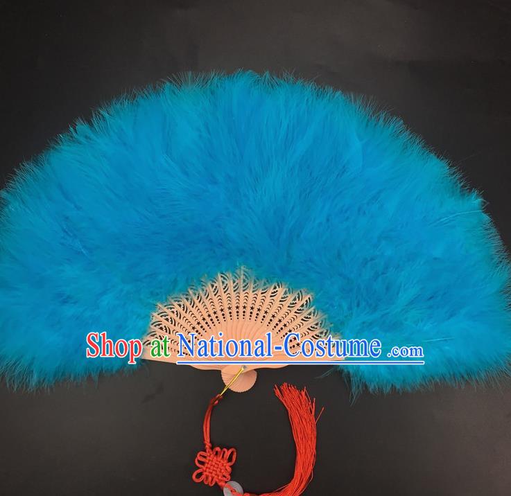 Traditional Chinese Crafts Peacock Blue Feather Folding Fan China Folk Dance Feather Fans