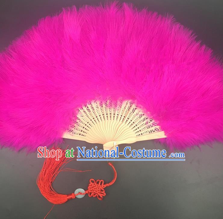 Traditional Chinese Crafts Rosy Feather Folding Fan China Folk Dance Feather Fans