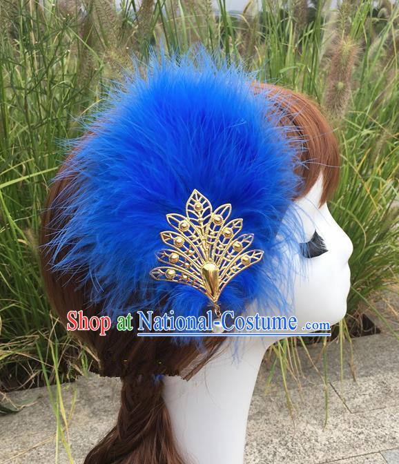 Traditional Chinese Bride Hair Accessories Folk Dance Royalblue Feather Hair Stick for Kids