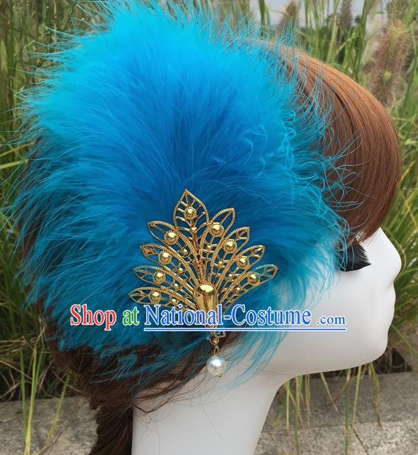 Traditional Chinese Bride Hair Accessories Folk Dance Blue Feather Hair Stick for Kids