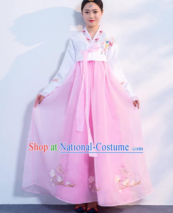 Top Grade Korean Traditional Costumes Asian Korean Hanbok Bride White Blouse and Pink Skirt for Women