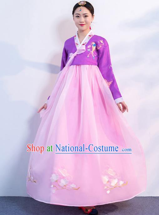 Top Grade Korean Traditional Costumes Asian Korean Hanbok Bride Purple Blouse and Pink Skirt for Women