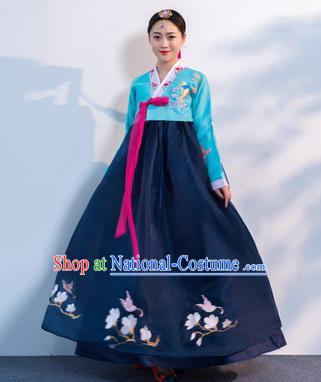 Top Grade Korean Traditional Costumes Asian Korean Hanbok Bride Blue Blouse and Navy Skirt for Women