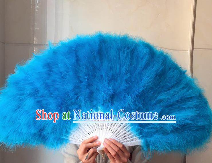 Traditional Chinese Crafts Folding Fan China Folk Dance Blue Feather Fans