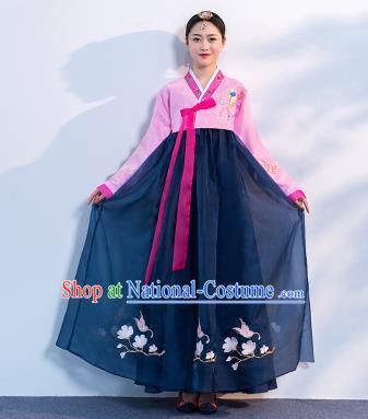 Top Grade Korean Traditional Costumes Asian Korean Hanbok Bride Pink Blouse and Navy Skirt for Women