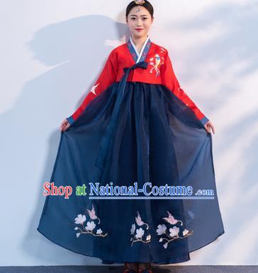 Top Grade Korean Traditional Costumes Asian Korean Hanbok Bride Red Blouse and Navy Skirt for Women