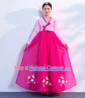 Top Grade Korean Traditional Costumes Asian Korean Hanbok Bride Pink Blouse and Rosy Skirt for Women