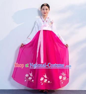 Top Grade Korean Traditional Costumes Asian Korean Hanbok Bride White Blouse and Rosy Skirt for Women