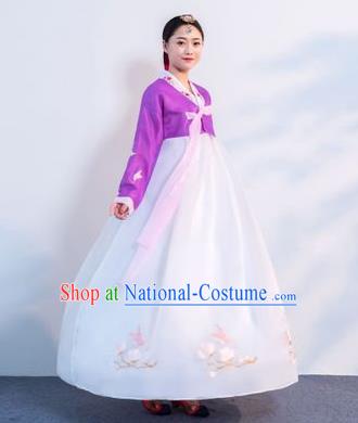 Top Grade Korean Traditional Costumes Asian Korean Hanbok Bride Purple Blouse and White Skirt for Women