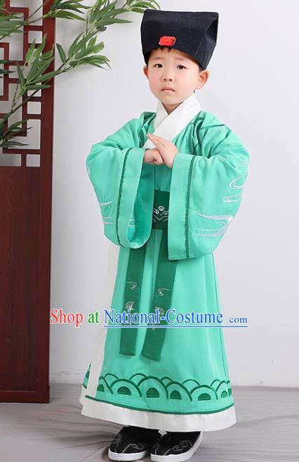 Chinese Han Dynasty Scholar Costume Ancient Green Hanfu Robe for Kids