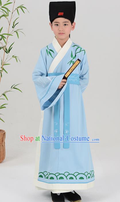 Chinese Han Dynasty Scholar Costume Ancient Blue Hanfu Robe for Kids