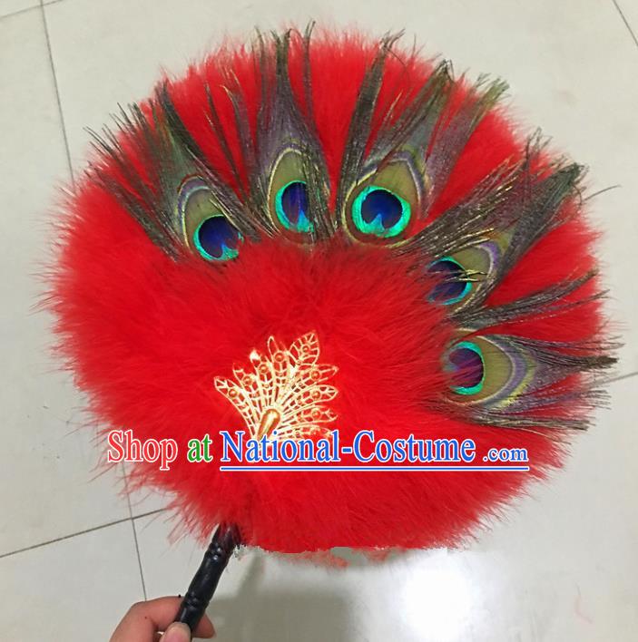 Traditional Chinese Crafts Red Feather Palace Fan China Round Dance Feather Fans