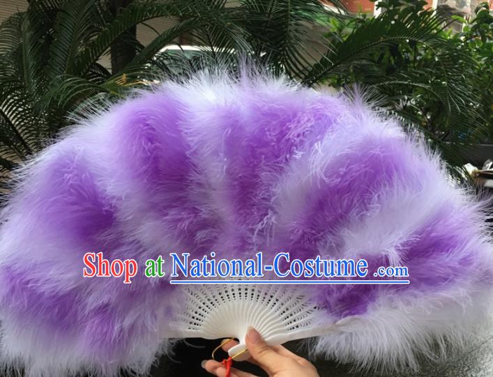 Traditional Chinese Crafts Purple Feather Folding Fan China Folk Dance Feather Fans