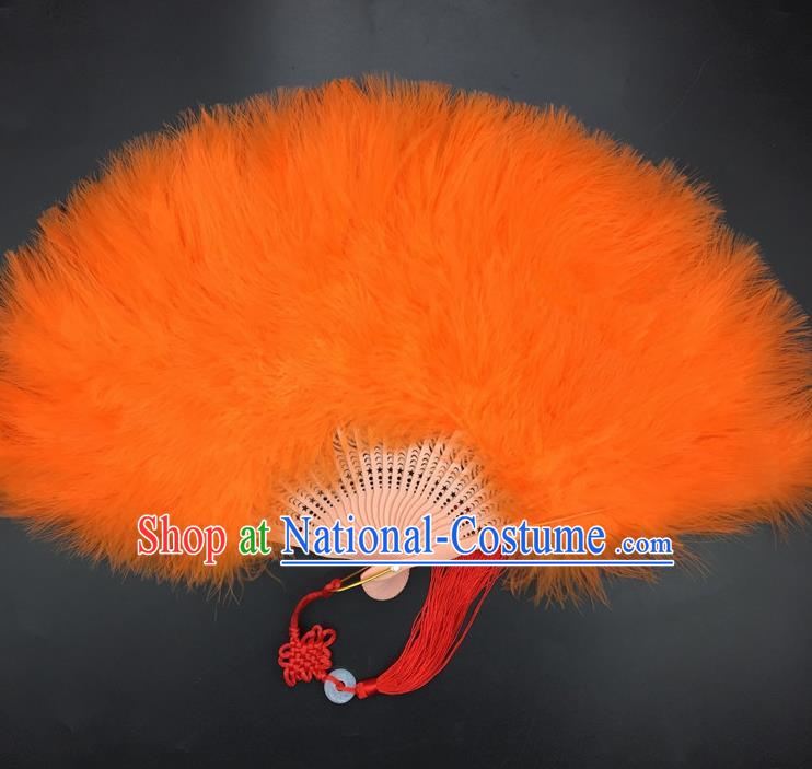 Traditional Chinese Crafts Orange Feather Folding Fan China Folk Dance Feather Fans