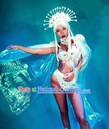 Professional Stage Performance Costume Halloween Cosplay Mermaid White Clothing and Headwear for Women