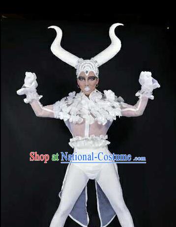 Professional Stage Performance Costume Halloween Cosplay Clown White Clothing and Feather Headwear for Men