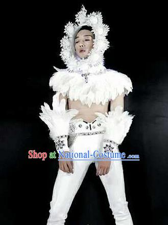 Professional Stage Performance Costume Halloween Cosplay Clown White Feather Clothing and Headwear for Men