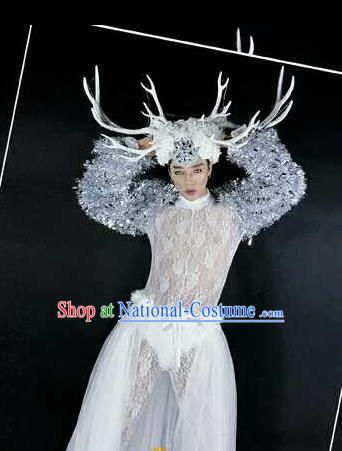 Professional Stage Performance Costume Halloween Cosplay Clown Sequins Clothing and Antlers Headwear for Men