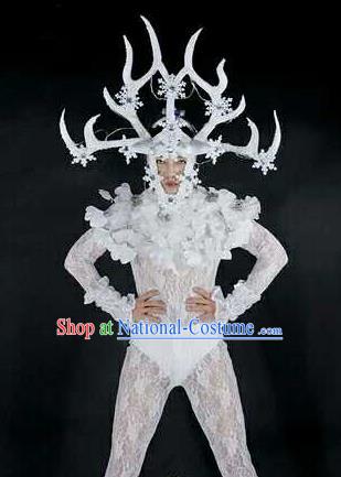 Professional Stage Performance Costume Halloween Cosplay Clown White Clothing and Antlers Headwear for Men