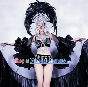 Professional Stage Performance Halloween Costume Brazilian Carnival Black Feather Clothing and Headwear for Women