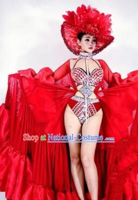 Professional Stage Performance Halloween Costume Brazilian Carnival Red Clothing and Headwear for Women