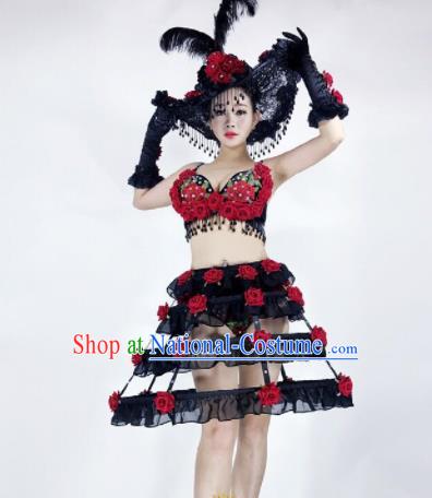 Professional Stage Performance Halloween Costume Brazilian Carnival Black Dress and Headwear for Women