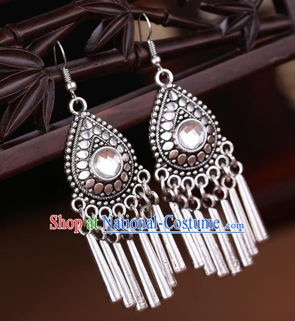 Chinese Traditional Jewelry Accessories Miao Minority Wedding Sliver Tassel Earrings for Women