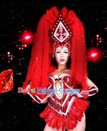 Professional Stage Performance Costume Halloween Cosplay Red Feather Clothing and Headwear for Women