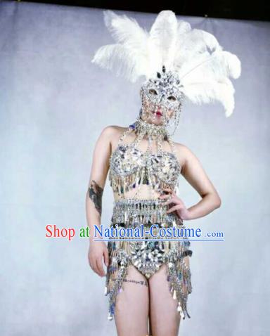 Professional Stage Performance Costume Halloween Cosplay Sequins Swimwear and Feather Headwear for Women