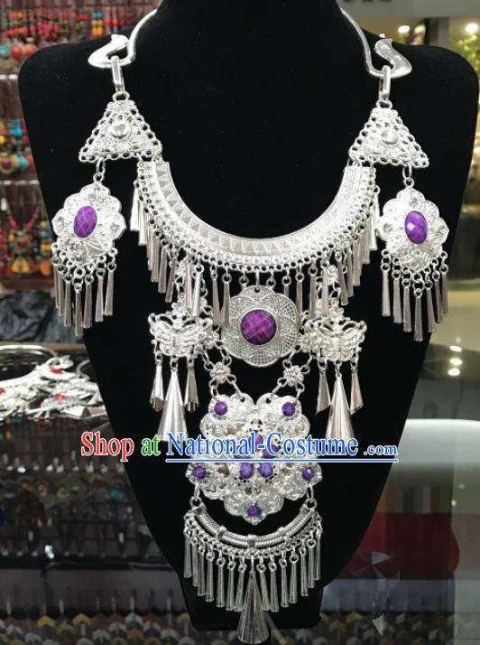 Chinese Traditional Jewelry Accessories Miao Minority Wedding Tassel Purple Necklace for Women