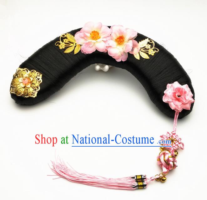 Chinese Ancient Qing Dynasty Princess Hair Accessories Palace Lady Pink Flowers Hairpins and Wigs for Kids