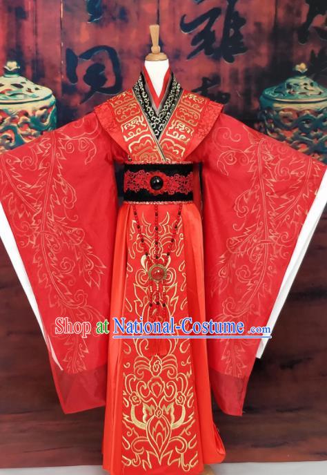 Chinese Han Dynasty Queen Wedding Embroidered Costume Ancient Empress Red Hanfu Dress for Women