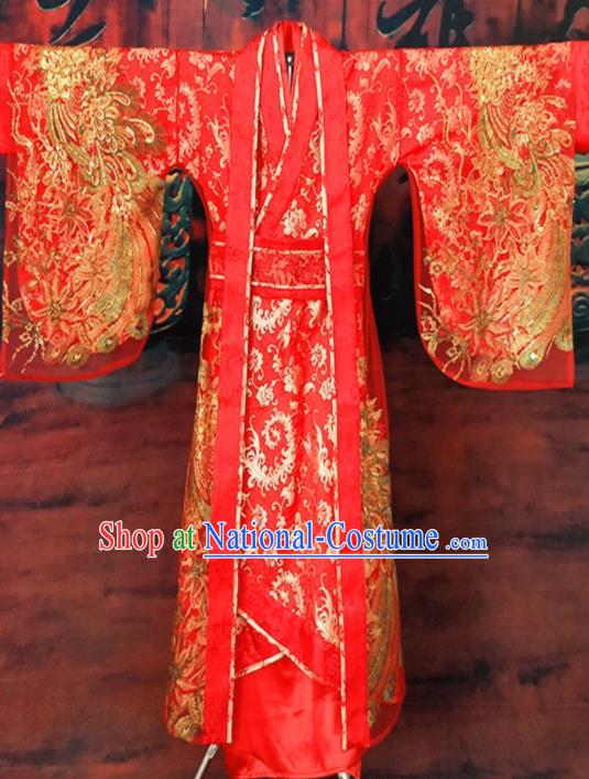 Chinese Han Dynasty Empress Embroidered Wedding Costume Ancient Bride Red Hanfu Dress for Women