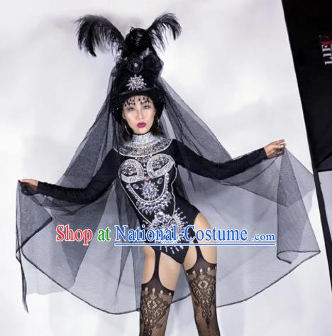 Professional Stage Performance Halloween Costume Brazilian Carnival Cosplay Black Clothing and Feather Headwear for Women