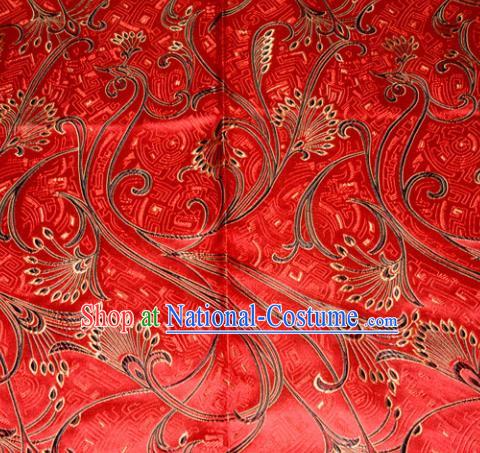 Chinese Traditional Red Silk Fabric Tang Suit Brocade Cheongsam Peacock Tail Pattern Cloth Material Drapery