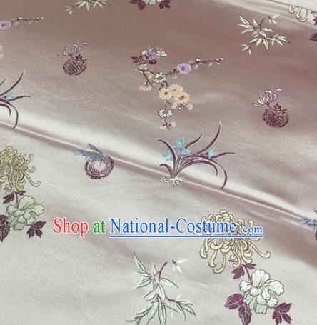 Chinese Traditional Silk Fabric Tang Suit Pink Brocade Cheongsam Plum Blossom Orchid Bamboo and Chrysanthemum Pattern Cloth Material Drapery