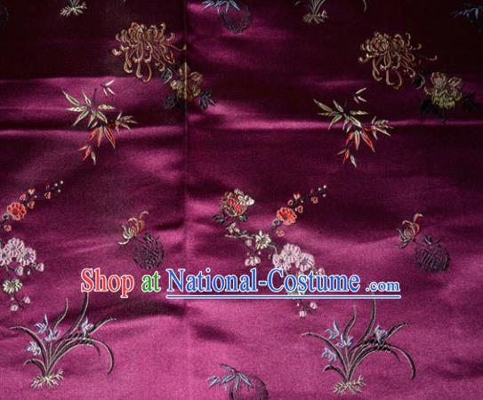 Chinese Traditional Silk Fabric Tang Suit Purple Brocade Cheongsam Plum Blossom Orchid Bamboo and Chrysanthemum Pattern Cloth Material Drapery