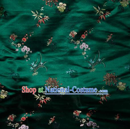 Chinese Traditional Silk Fabric Tang Suit Green Brocade Cheongsam Plum Blossom Orchid Bamboo and Chrysanthemum Pattern Cloth Material Drapery