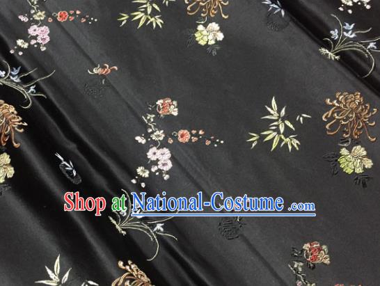 Chinese Traditional Silk Fabric Tang Suit Black Brocade Cheongsam Plum Blossom Orchid Bamboo and Chrysanthemum Pattern Cloth Material Drapery