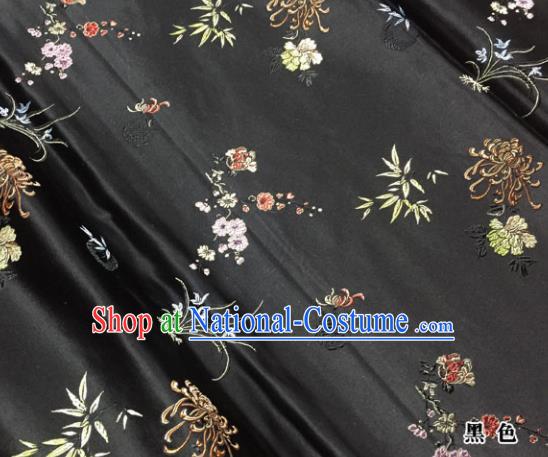 Chinese Traditional Black Silk Fabric Cheongsam Tang Suit Plum Blossom Orchid Bamboo and Chrysanthemum Pattern Brocade Cloth Drapery