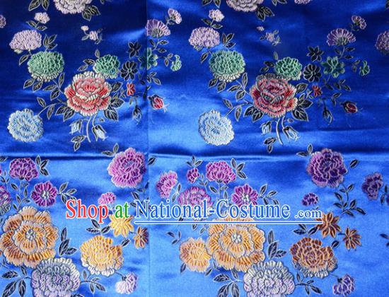 Chinese Traditional Silk Fabric Tang Suit Blue Brocade Cheongsam Classical Peony Pattern Cloth Material Drapery