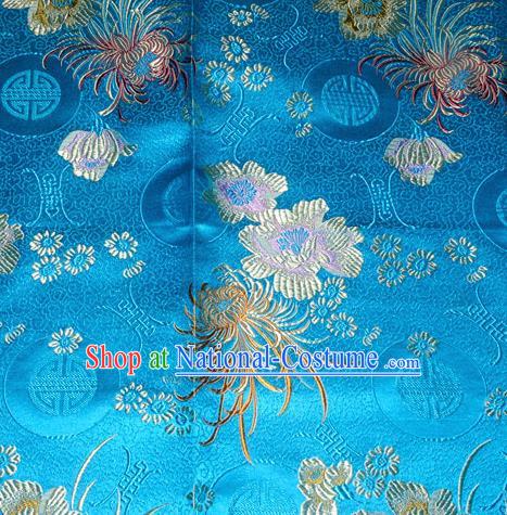 Chinese Traditional Silk Fabric Classical Chrysanthemum Pattern Tang Suit Blue Brocade Cloth Cheongsam Material Drapery